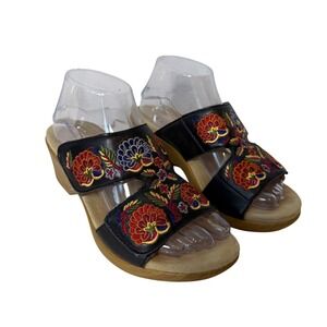 Alegria Lite Women's Embroidered Leather Two Strap Wedge Sandals Sz 39 Black Red